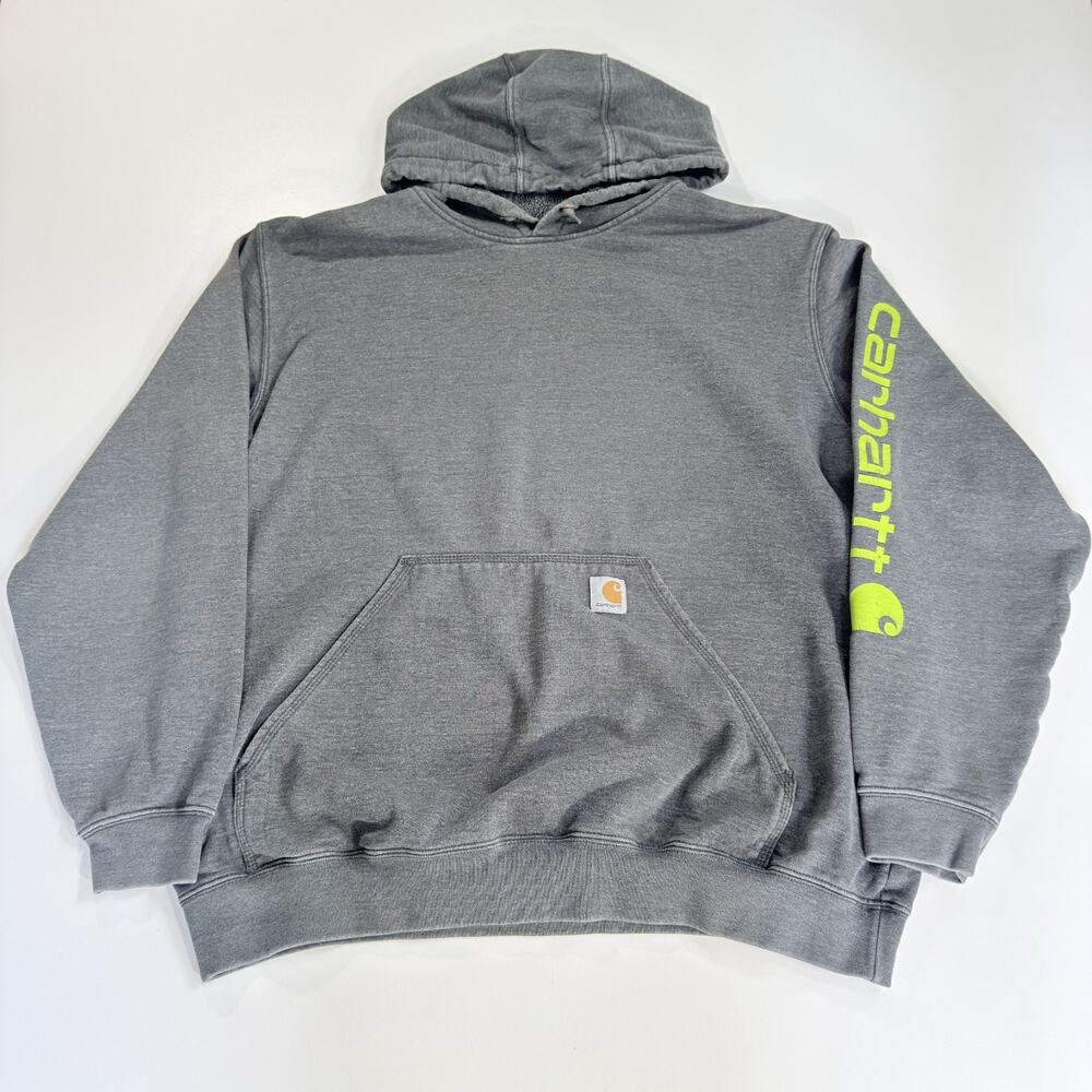 Carhartt Mens Hoodie XL Gray Pullover Rain Defender Green Sleeve Logo Sweatshirt